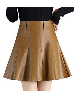 Women's Casual Side Zipper Flare Pleated Faux Leather Skater Skirts