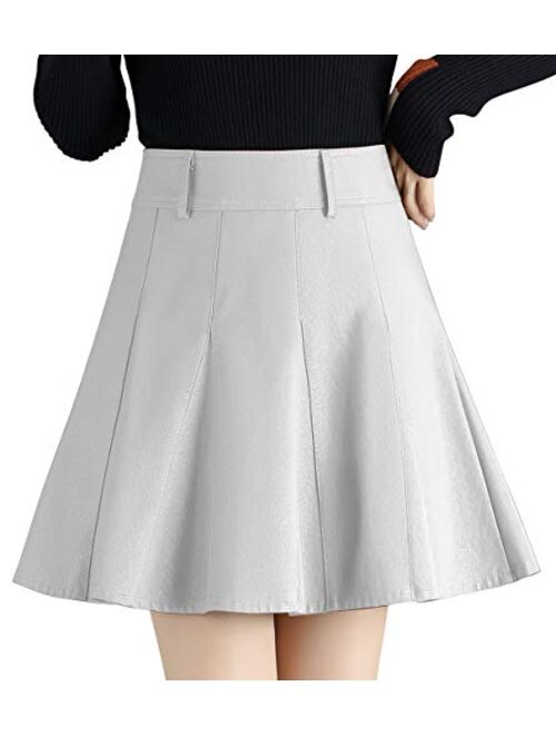 chouyatou Women's Casual Side Zipper Flare Pleated Faux Leather Skater Skirts