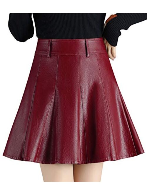 chouyatou Women's Casual Side Zipper Flare Pleated Faux Leather Skater Skirts