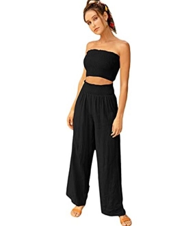 Women's Summer 2 Piece Outfits Strapless Tube Top and Pants Sets