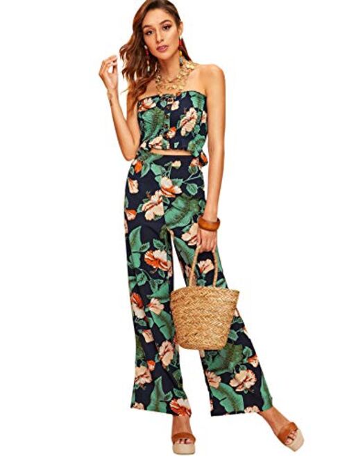 Floerns Women's Summer 2 Piece Outfits Strapless Tube Top and Pants Sets