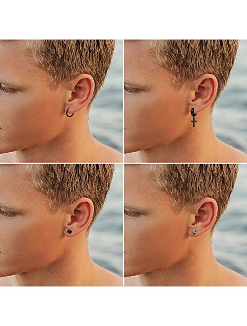 Oidea 3-6 Pairs Stainless Steel Piercing Hoop Huggie Feather,Cross Dangle Earring for Mens Womens Teens,Hypoallergenic