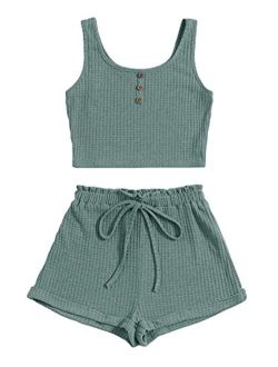 Women's 2 Piece Button Front Sleeveless Crop Tank Top and Track Shorts Outfit Lounge Set