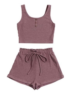 Women's 2 Piece Button Front Sleeveless Crop Tank Top and Track Shorts Outfit Lounge Set