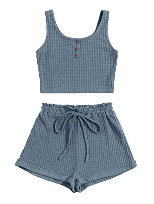 Floerns Women's 2 Piece Button Front Sleeveless Crop Tank Top and Track Shorts Outfit Lounge Set