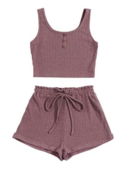 Floerns Women's 2 Piece Button Front Sleeveless Crop Tank Top and Track Shorts Outfit Lounge Set