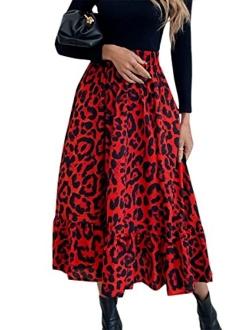 Women's Flowy Elastic High Waist Leopard Floral Print A Line Tiered Midi Skirt