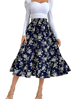 Women's Flowy Elastic High Waist Leopard Floral Print A Line Tiered Midi Skirt