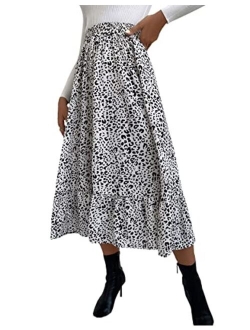 Women's Flowy Elastic High Waist Leopard Floral Print A Line Tiered Midi Skirt