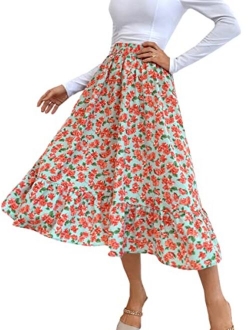 Women's Flowy Elastic High Waist Leopard Floral Print A Line Tiered Midi Skirt