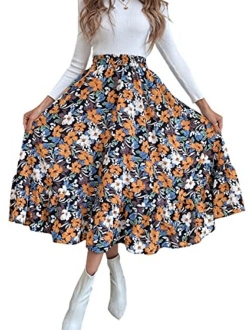 Women's Flowy Elastic High Waist Leopard Floral Print A Line Tiered Midi Skirt