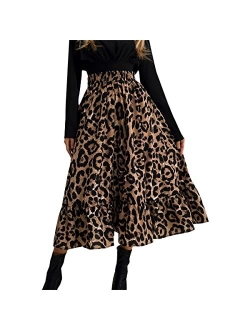 Women's Flowy Elastic High Waist Leopard Floral Print A Line Tiered Midi Skirt