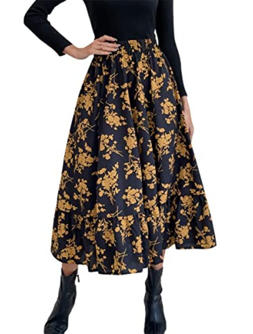 chouyatou Women's Flowy Elastic High Waist Leopard Floral Print A Line Tiered Midi Skirt