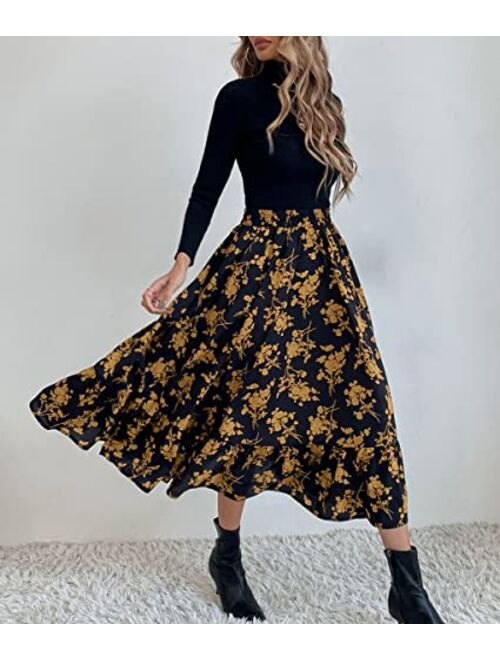 chouyatou Women's Flowy Elastic High Waist Leopard Floral Print A Line Tiered Midi Skirt