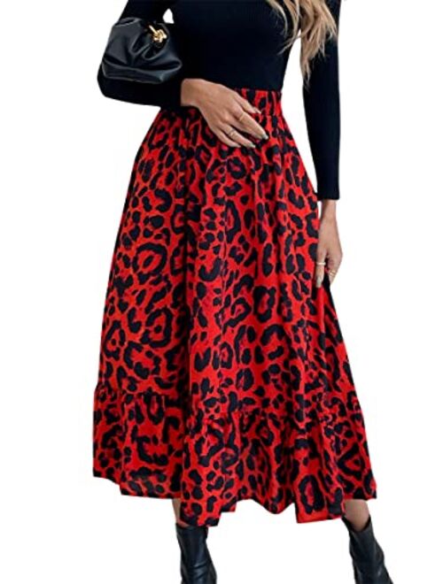 chouyatou Women's Flowy Elastic High Waist Leopard Floral Print A Line Tiered Midi Skirt