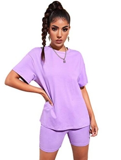 Women's 2 Piece Sports Outfit Tracksuit Short Sleeve Oversized T-Shirt Top Biker Shorts Legging Set