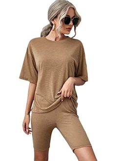 Women's 2 Piece Sports Outfit Tracksuit Short Sleeve Oversized T-Shirt Top Biker Shorts Legging Set