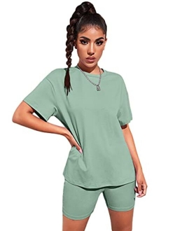 Women's 2 Piece Sports Outfit Tracksuit Short Sleeve Oversized T-Shirt Top Biker Shorts Legging Set