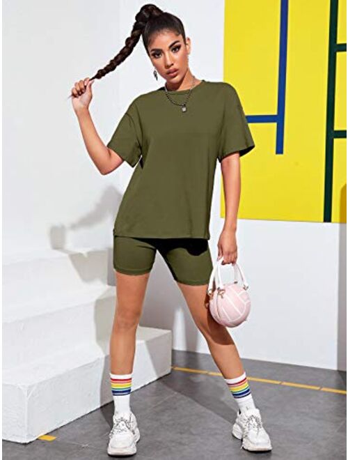 Floerns Women's 2 Piece Sports Outfit Tracksuit Short Sleeve Oversized T-Shirt Top Biker Shorts Legging Set