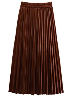 Women's Casual Stretched High Waist Plus Size A Line Flared Flowy Pleated Long Velvet Party Skirt