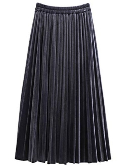 Women's Casual Stretched High Waist Plus Size A Line Flared Flowy Pleated Long Velvet Party Skirt