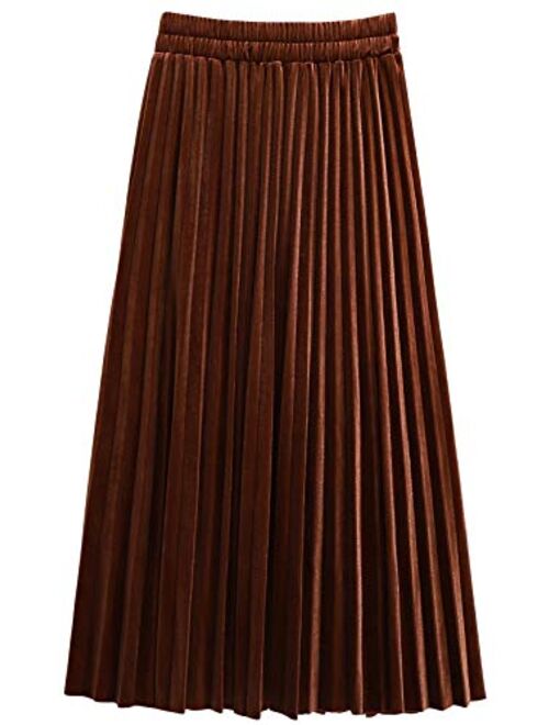 chouyatou Women's Casual Stretched High Waist Plus Size A Line Flared Flowy Pleated Long Velvet Party Skirt