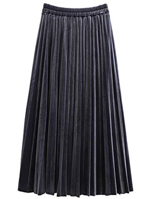 chouyatou Women's Casual Stretched High Waist Plus Size A Line Flared Flowy Pleated Long Velvet Party Skirt