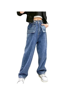 Rolanko Girls Jeans Denim Elastic Wasit Wide Leg Baggy Pants Kids Clothes 4-14 Years