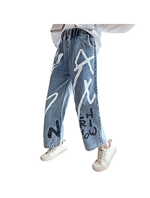 Rolanko Girls Jeans Denim Elastic Wasit Wide Leg Baggy Pants Kids Clothes 4-14 Years