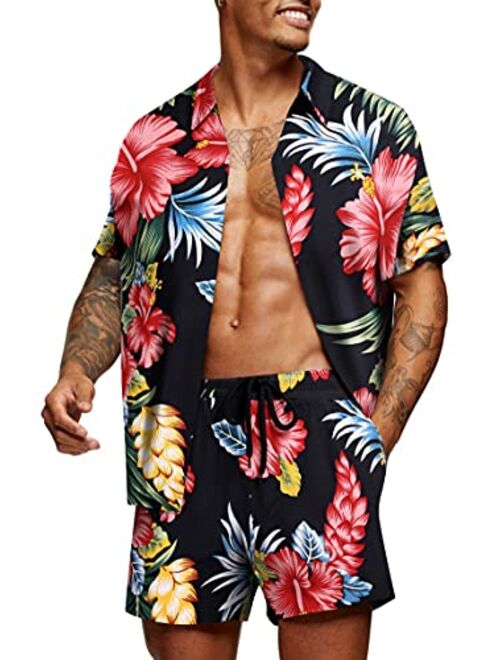 COOFANDY Men's Flower Shirt Hawaiian Sets Casual Button Down Short Sleeve Shirt