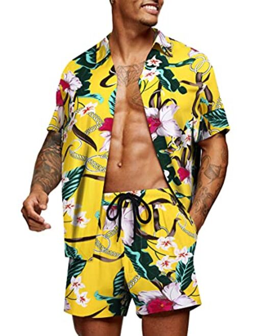 COOFANDY Men's Flower Shirt Hawaiian Sets Casual Button Down Short Sleeve Shirt