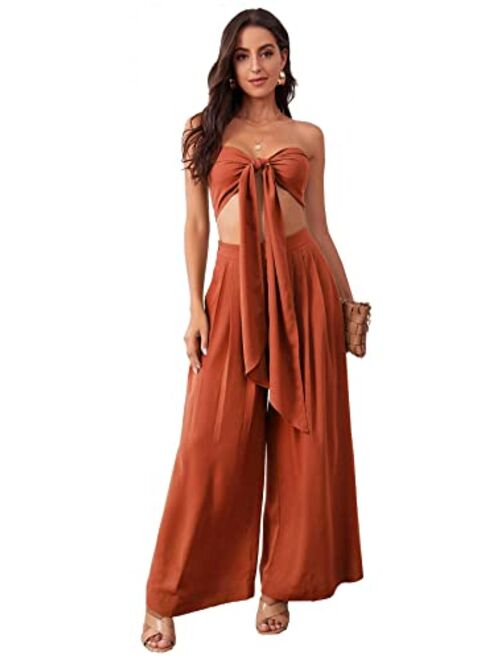 Floerns Women's Wide Leg Pants Set Sleeveless Tie Front Tube Top 2 Piece Outfit