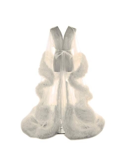 Fangjian Old Hollywood Feather Robe for Women Long Lingerie Tulle Bathrobe Wedding Scarf Bridal Robe Maternity Photoshoot