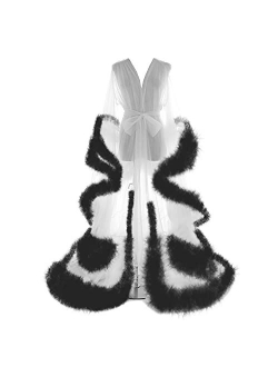 Fangjian Old Hollywood Feather Robe for Women Long Lingerie Tulle Bathrobe Wedding Scarf Bridal Robe Maternity Photoshoot