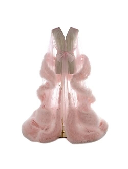 Fangjian Old Hollywood Feather Robe for Women Long Lingerie Tulle Bathrobe Wedding Scarf Bridal Robe Maternity Photoshoot