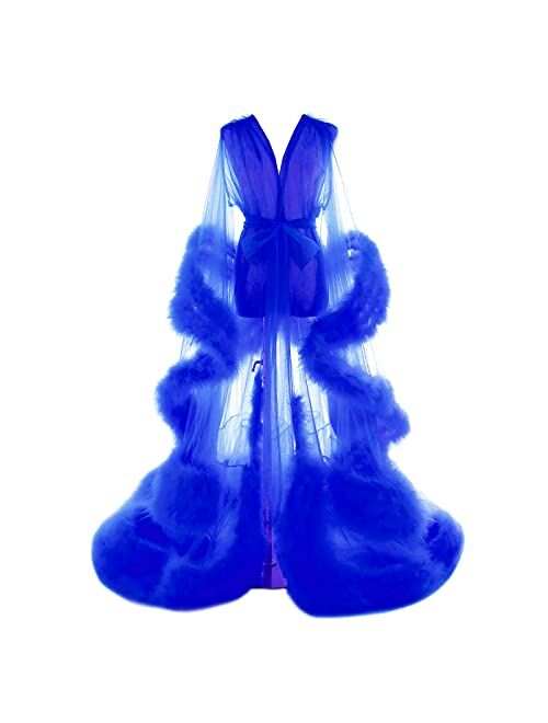 Fangjian Old Hollywood Feather Robe for Women Long Lingerie Tulle Bathrobe Wedding Scarf Bridal Robe Maternity Photoshoot