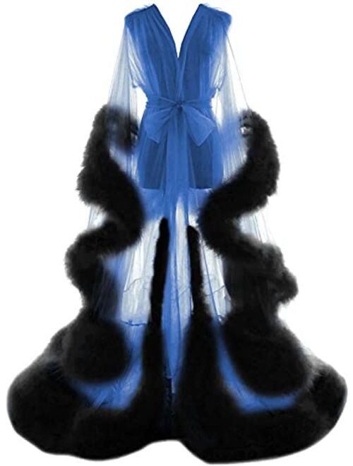 Fangjian Old Hollywood Feather Robe for Women Long Lingerie Tulle Bathrobe Wedding Scarf Bridal Robe Maternity Photoshoot