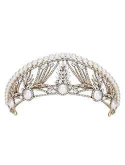 SWEETV Tiaras and Crowns for Women, Pearl Wedding Tiara for Bride, Anastasia Queen Crown, Rhinestone Hair Accessories for Birthday Quinceanera Pageant Prom,Gold
