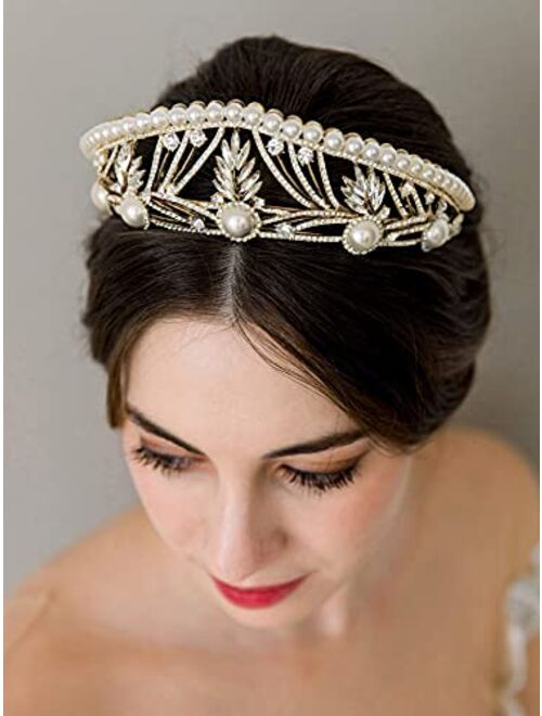 SWEETV Tiaras and Crowns for Women, Pearl Wedding Tiara for Bride, Anastasia Queen Crown, Rhinestone Hair Accessories for Birthday Quinceanera Pageant Prom,Gold