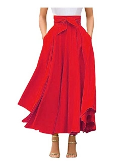 Women's Elegant High Waisted Side Slit Irregular Bohemian Maxi Skirt with Pockets