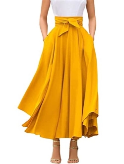 Women's Elegant High Waisted Side Slit Irregular Bohemian Maxi Skirt with Pockets