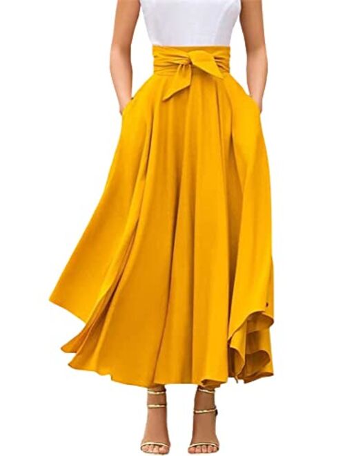 chouyatou Women's Elegant High Waisted Side Slit Irregular Bohemian Maxi Skirt with Pockets