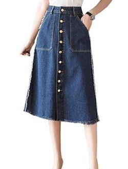 Women's Classic High Waist Button Front Ripped A Line Mid Long Denim Skirt