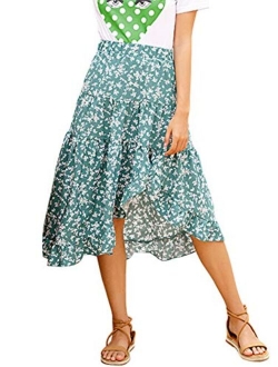 Women's Elastic Waist High Low Hem Floral Print Chiffon Midi Skirt