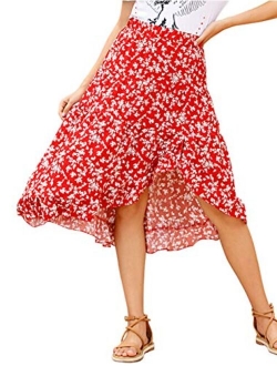 Women's Elastic Waist High Low Hem Floral Print Chiffon Midi Skirt