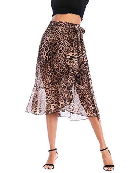 chouyatou Women's Flowy A-Line Flounce Leopard Print Midi Chiffon Skirt