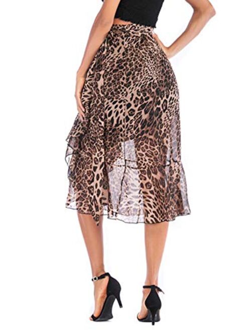 chouyatou Women's Flowy A-Line Flounce Leopard Print Midi Chiffon Skirt