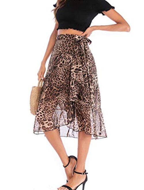 chouyatou Women's Flowy A-Line Flounce Leopard Print Midi Chiffon Skirt