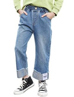 Happy Cherry Kids Girls Ripped Jeans Baggy Wide Leg Distressed Denim Pants for All Seasons