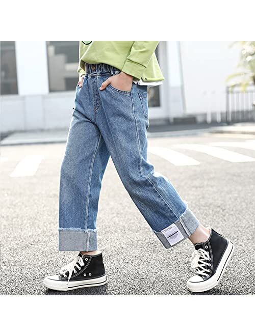 Happy Cherry Kids Girls Ripped Jeans Baggy Wide Leg Distressed Denim Pants for All Seasons